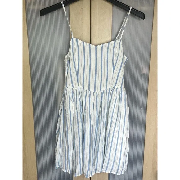 AERIE Love Of Linen Mini Dress Women's Size S Blue White Stripes Beach Boho New - Picture 3 of 8